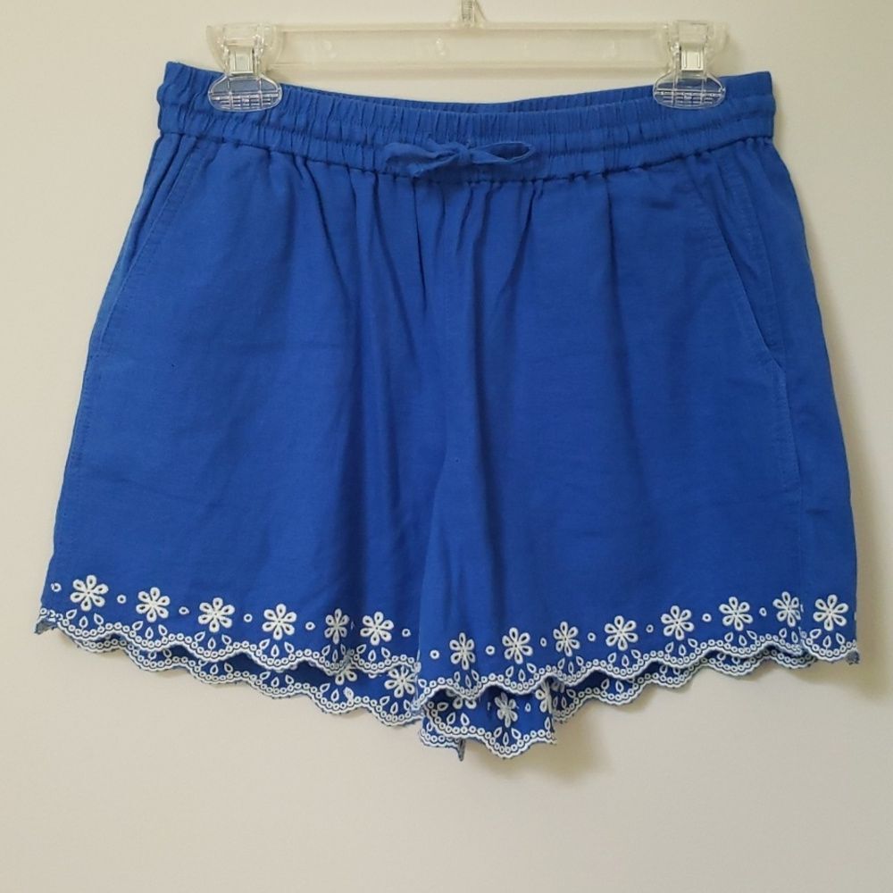 J. Crew Shorts Womens sz XS Linen Blend Loose Embroidered Eyelet Cobalt Blue